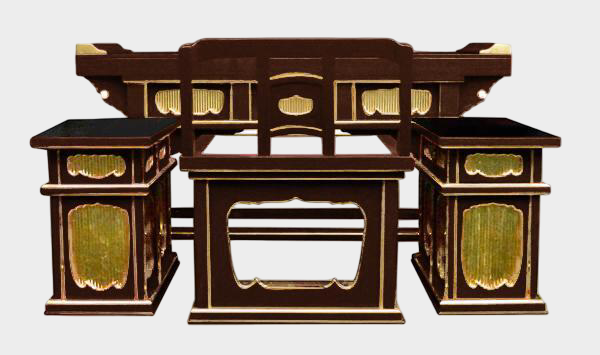 Temple Altar Furniture Ensemble — Lacquered Front Altar Table + Chair-Form Kyoroku + Pair of Side Desks — Domestic Artisan Workshop (Custom-Made) — Gilt Fittings, Ritual Architecture Scale