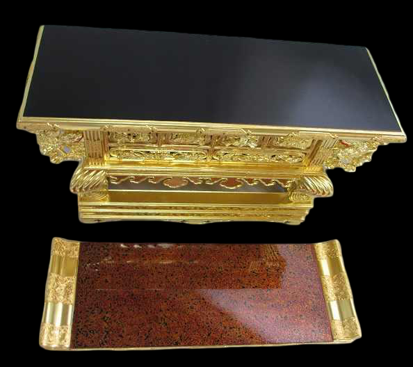 Honganji-Style Gilded Amida Hall Altar Table (18-go) — Handcrafted Temple Butsugu Stand — 54.5 cm Wide, Architectural Carving