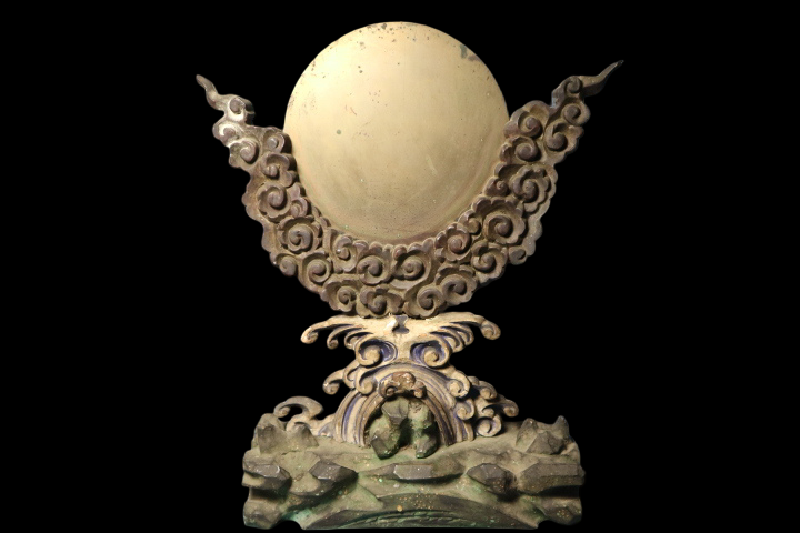 Temple Ritual Bronze Mirror with Wave & Cloud Carved Wood Stand — Edo to Early Meiji Japanese Buddhist Furnishing Object