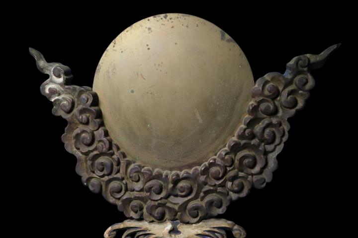 Temple Ritual Bronze Mirror with Wave & Cloud Carved Wood Stand — Edo to Early Meiji Japanese Buddhist Furnishing Object
