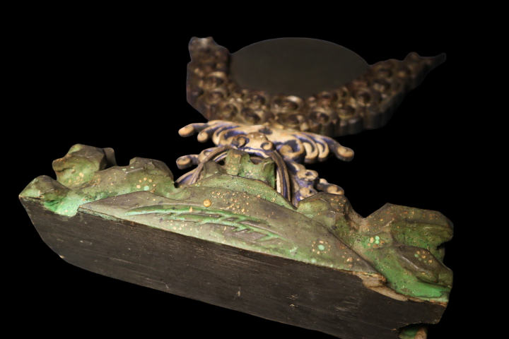 Temple Ritual Bronze Mirror with Wave & Cloud Carved Wood Stand — Edo to Early Meiji Japanese Buddhist Furnishing Object
