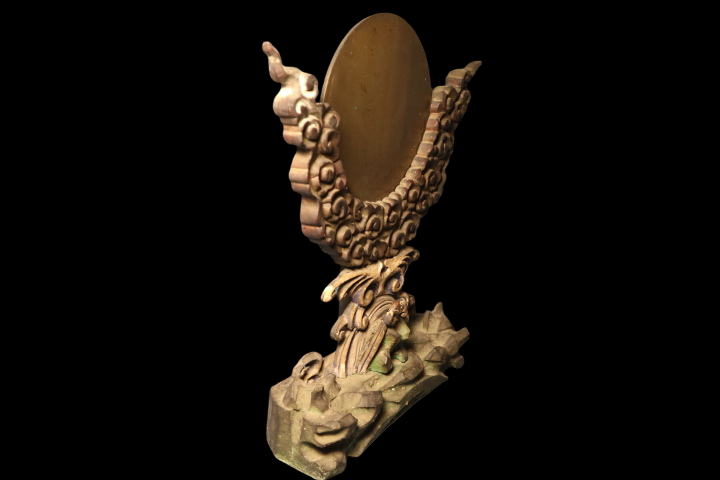Temple Ritual Bronze Mirror with Wave & Cloud Carved Wood Stand — Edo to Early Meiji Japanese Buddhist Furnishing Object