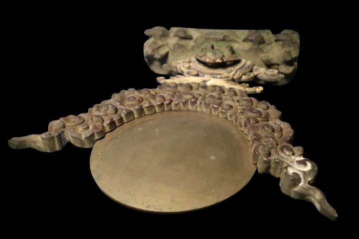 Temple Ritual Bronze Mirror with Wave & Cloud Carved Wood Stand — Edo to Early Meiji Japanese Buddhist Furnishing Object