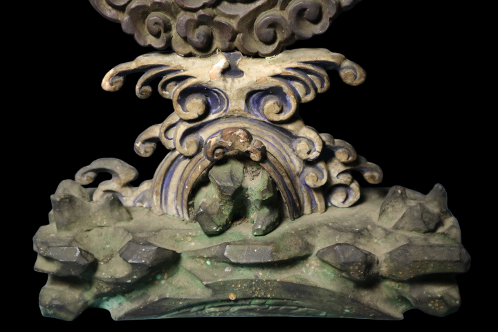 Temple Ritual Bronze Mirror with Wave & Cloud Carved Wood Stand — Edo to Early Meiji Japanese Buddhist Furnishing Object