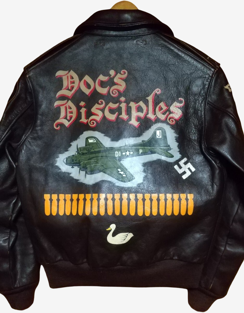 The Real McCoy’s A-2 Flight Jacket Doc’s Disciples Full Custom Horsehide WWII Nose Art Leather Jacket Vintage Replica