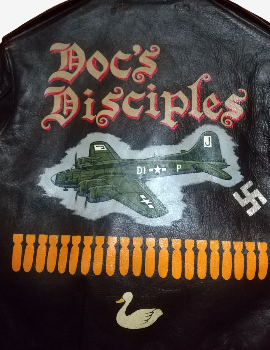 The Real McCoy’s A-2 Flight Jacket Doc’s Disciples Full Custom Horsehide WWII Nose Art Leather Jacket Vintage Replica