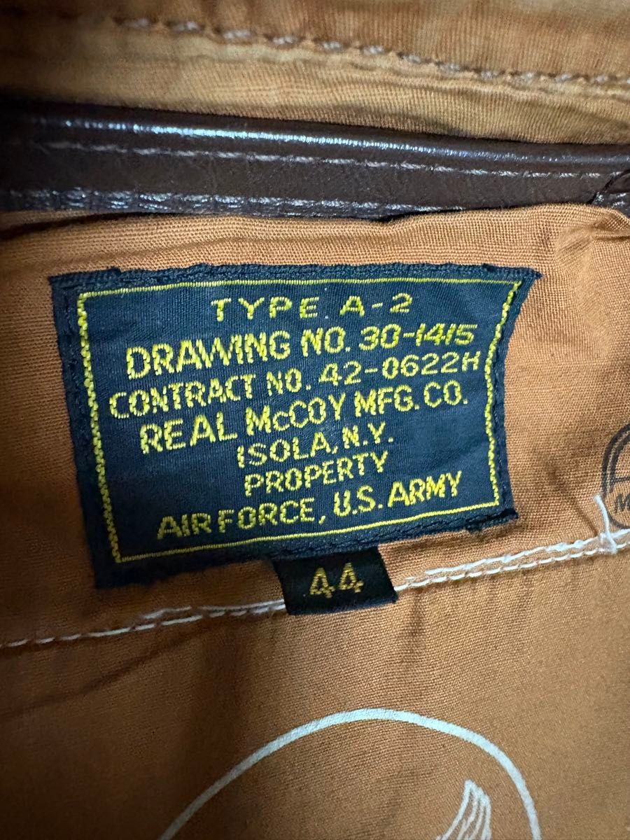 Chaqueta de vuelo A-2 de piel de caballo de tipo temprano de The Real McCoy’s con parche de Blood Chit de cuero, talla 44