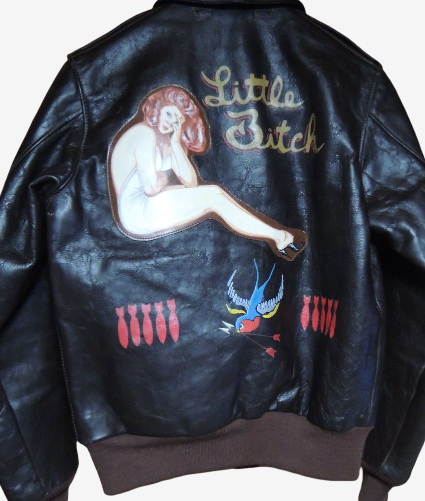The Real McCoy’s A-2 Little Bitch Custom Flight Jacket One-Off Hand Painted Horsehide Pin Up Art Size 36