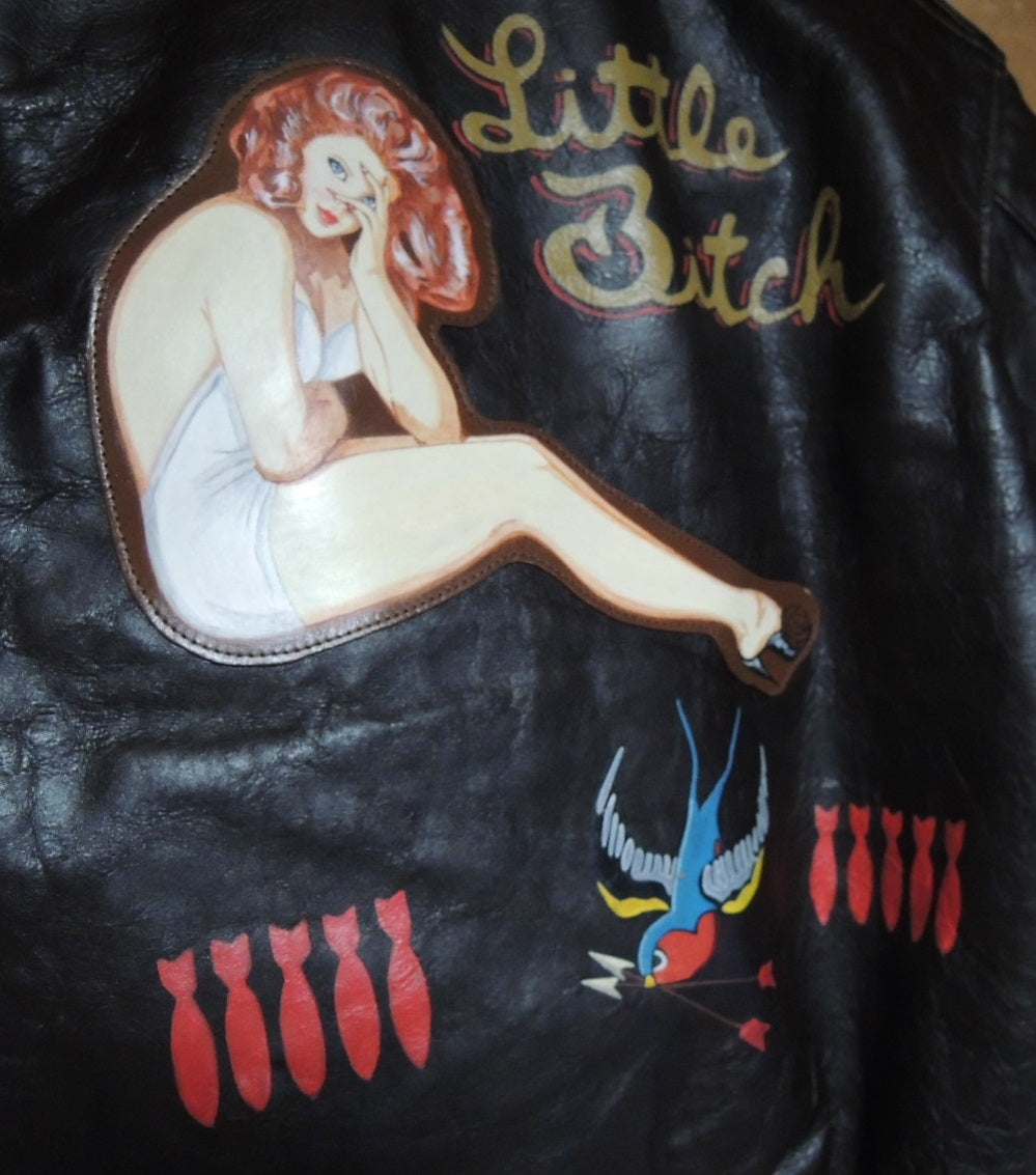 The Real McCoy’s A-2 Little Bitch Custom Flight Jacket One-Off Hand Painted Horsehide Pin Up Art Size 36