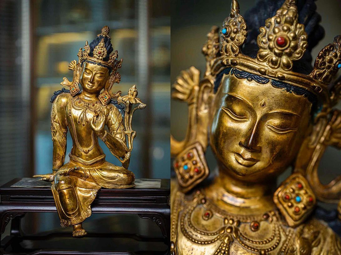 Antique Tibetan Gilt Jizai Kannon (Avalokiteshvara / Chenrezig), Himalayan Gilt Metal Bodhisattva Sculpture