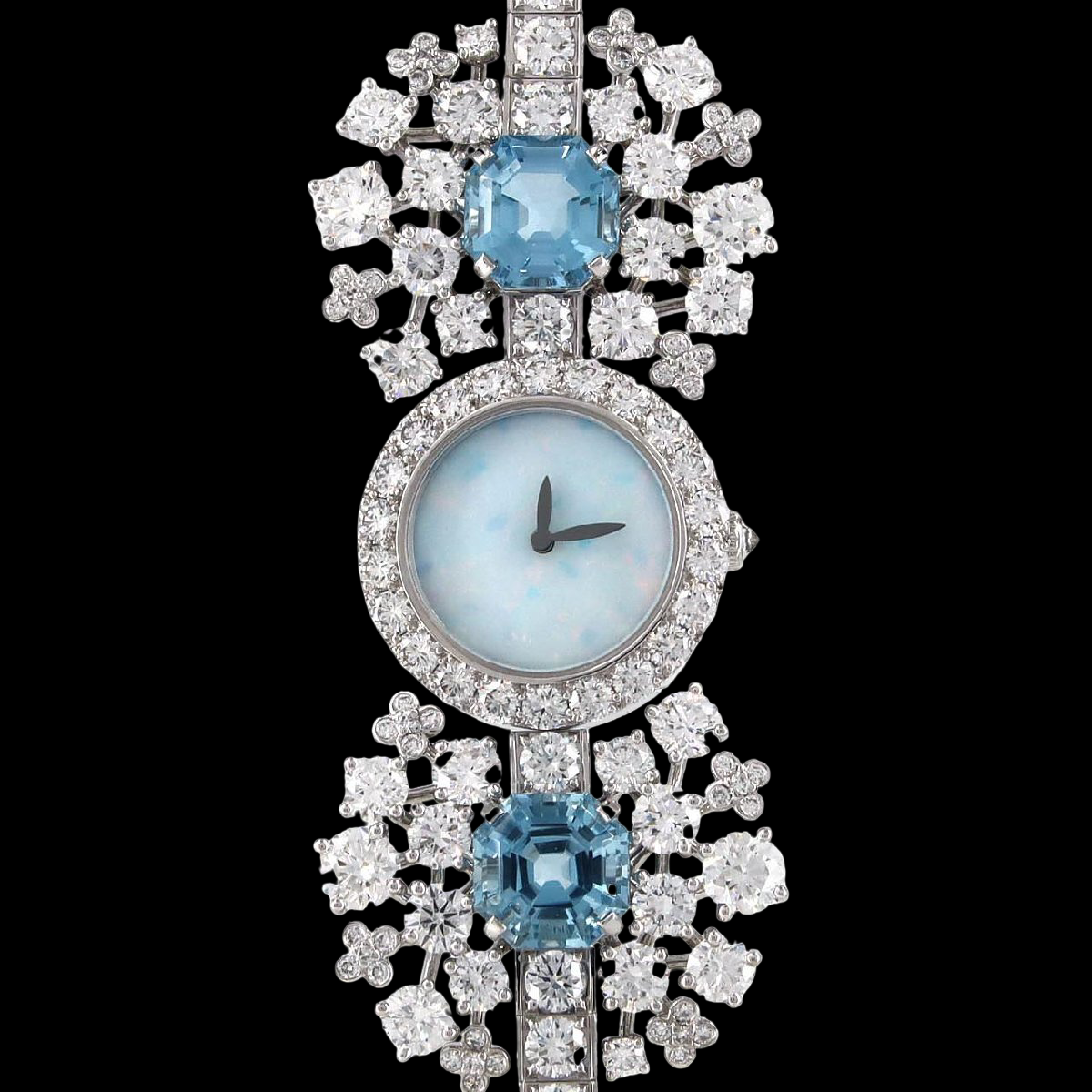 Tiffany & Co High Jewelry Watch WGD Bracelet wth 2 Aquamarines – Opal Dial Quartz Ladies Timepiece – White Gold A Rank