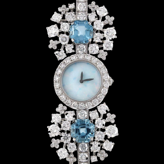 Tiffany & Co High Jewelry Watch WGD Bracelet wth 2 Aquamarines – Opal Dial Quartz Ladies Timepiece – White Gold A Rank