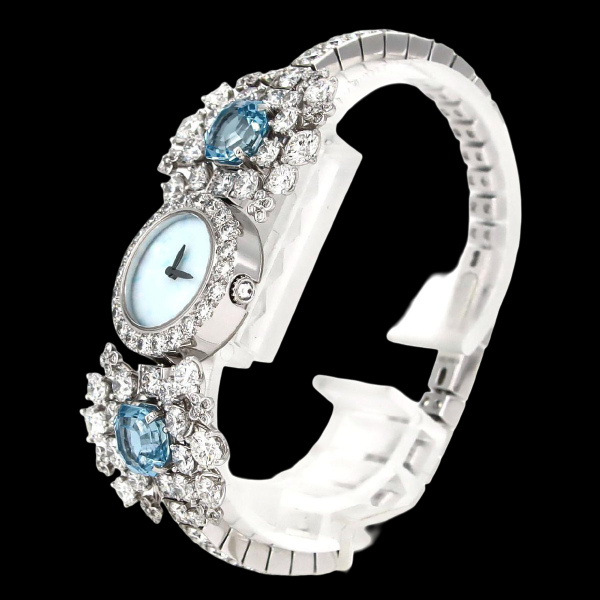 Tiffany & Co High Jewelry Watch WGD Bracelet wth 2 Aquamarines – Opal Dial Quartz Ladies Timepiece – White Gold A Rank