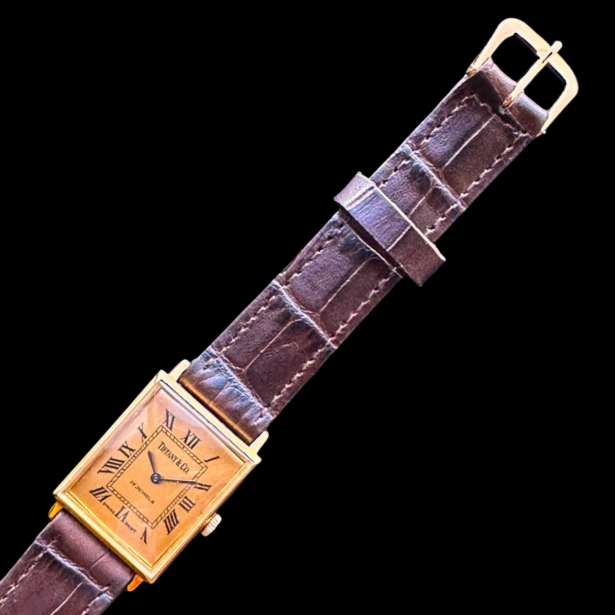 Tiffany & Co. Vintage Rectangular Gold-Plated Watch 1950s–60s Swiss Manual-Wind Roman Dial Brown Strap – Antique Tiffany Timepiece