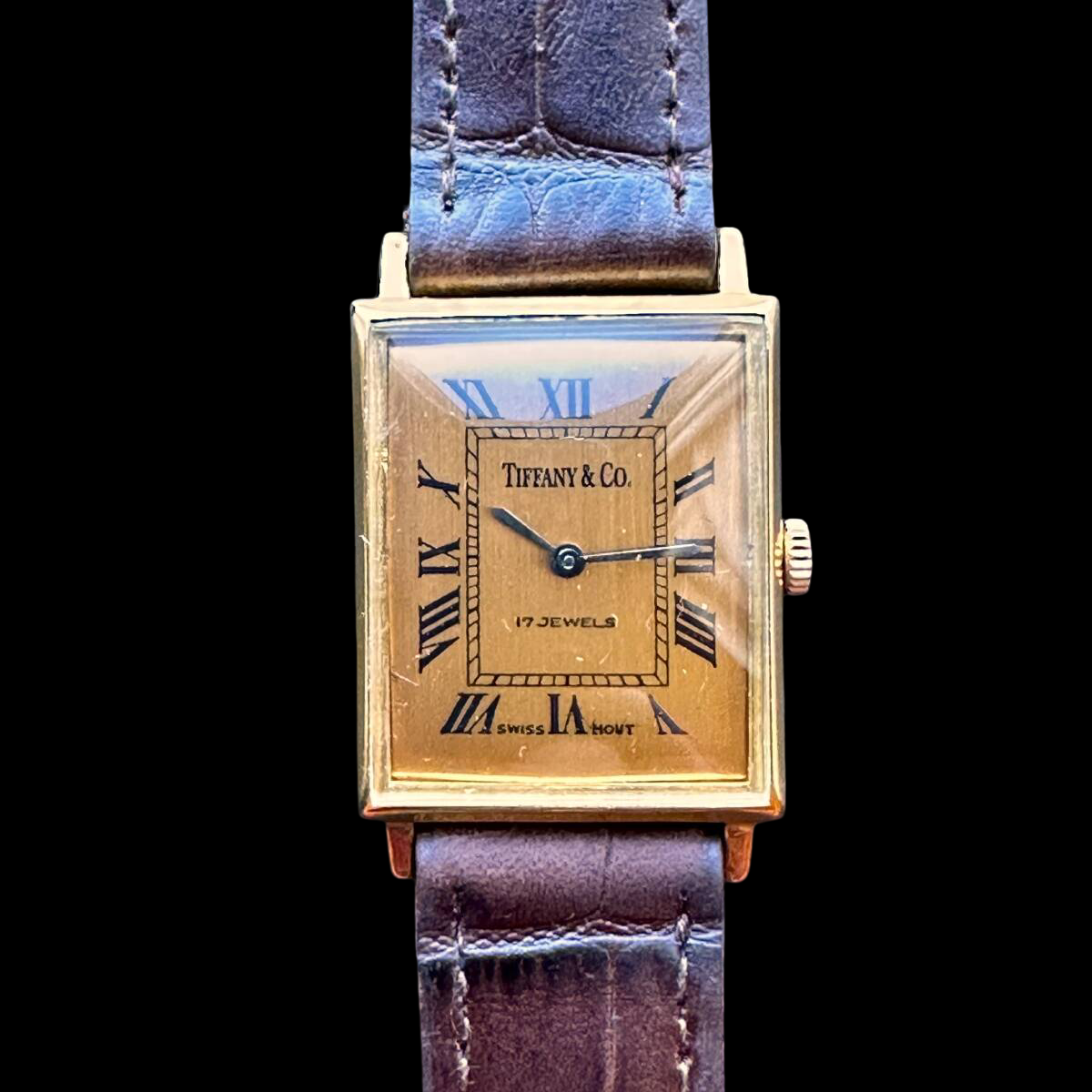 Tiffany & Co. Vintage Rectangular Gold-Plated Watch 1950s–60s Swiss Manual-Wind Roman Dial Brown Strap – Antique Tiffany Timepiece