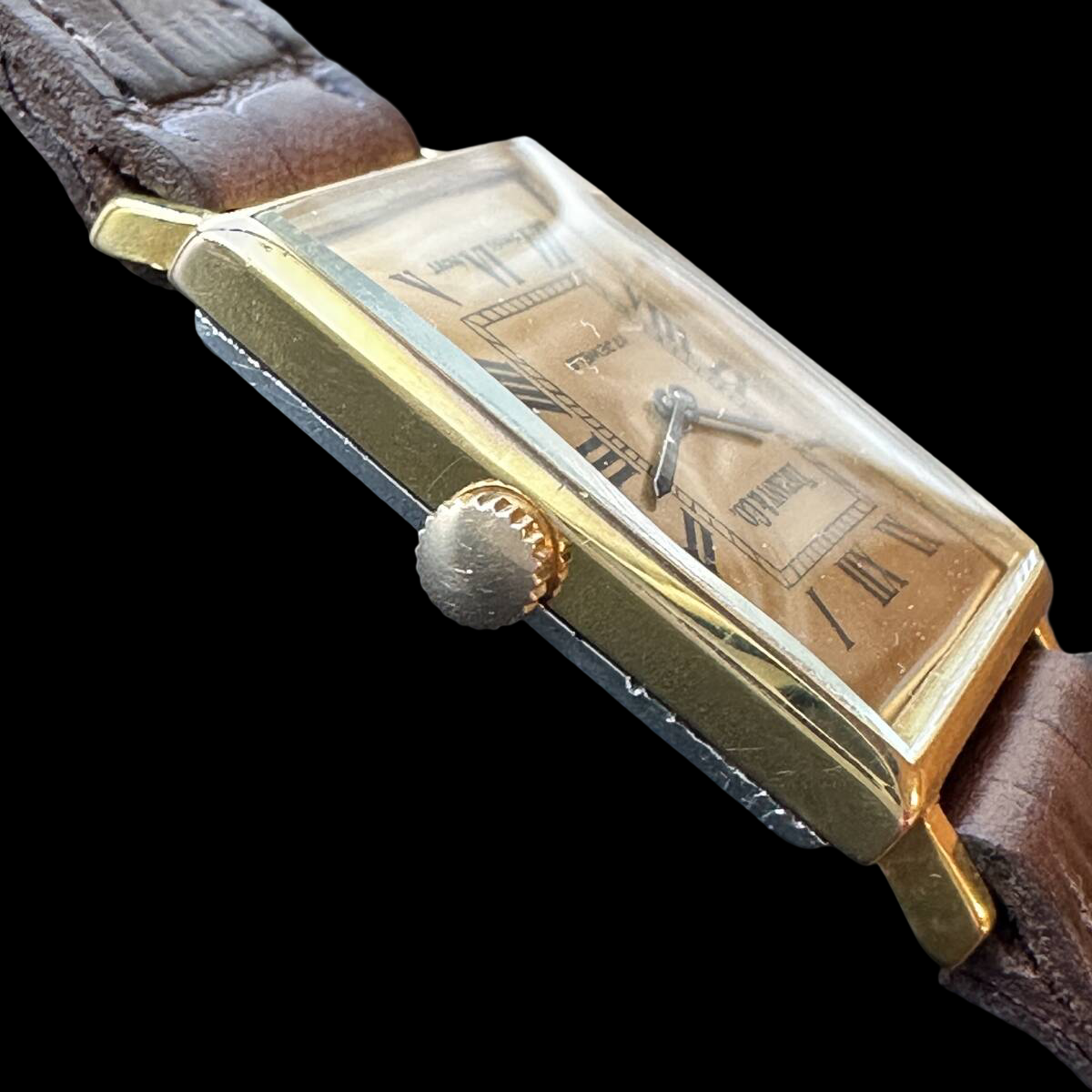 Tiffany & Co. Vintage Rectangular Gold-Plated Watch 1950s–60s Swiss Manual-Wind Roman Dial Brown Strap – Antique Tiffany Timepiece