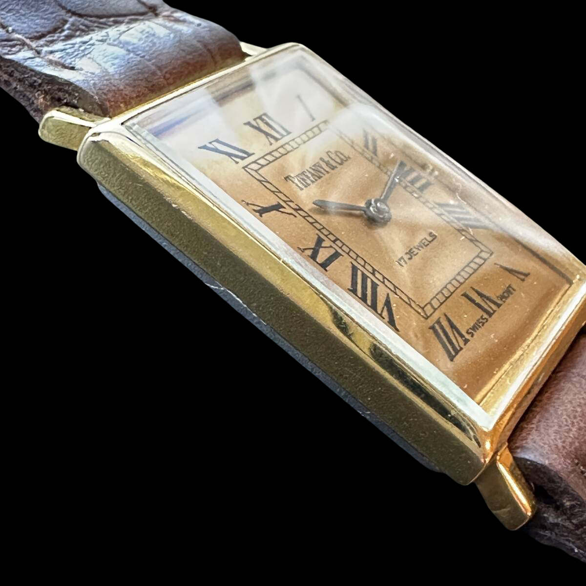 Tiffany & Co. Vintage Rectangular Gold-Plated Watch 1950s–60s Swiss Manual-Wind Roman Dial Brown Strap – Antique Tiffany Timepiece