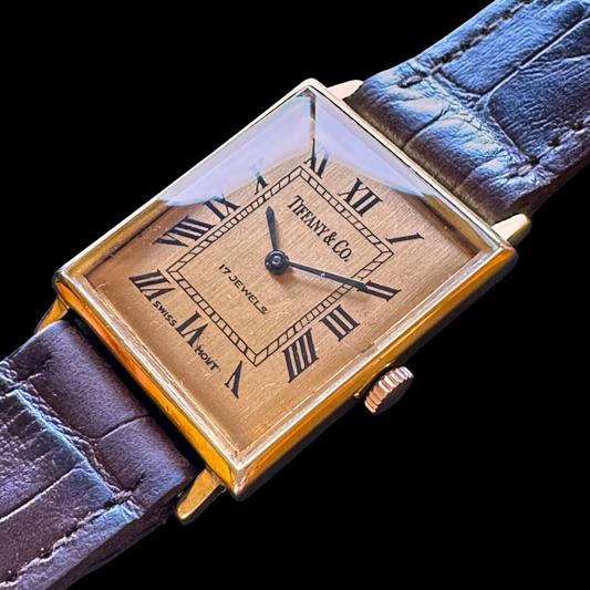 Tiffany & Co. Vintage Rectangular Gold-Plated Watch 1950s–60s Swiss Manual-Wind Roman Dial Brown Strap – Antique Tiffany Timepiece
