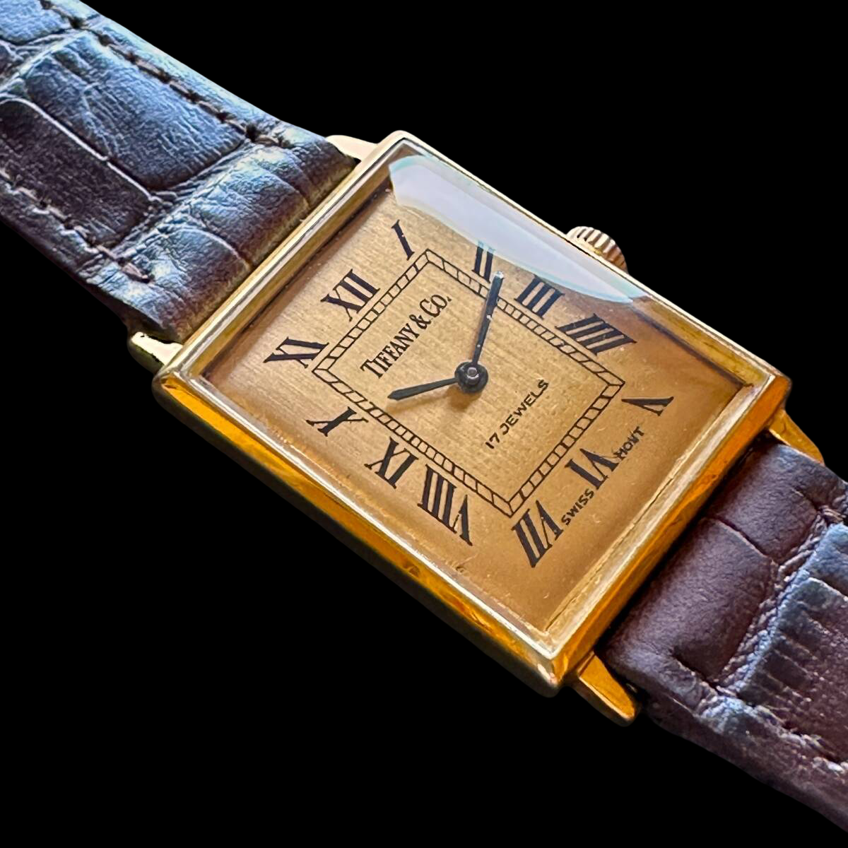 Tiffany & Co. Vintage Rectangular Gold-Plated Watch 1950s–60s Swiss Manual-Wind Roman Dial Brown Strap – Antique Tiffany Timepiece