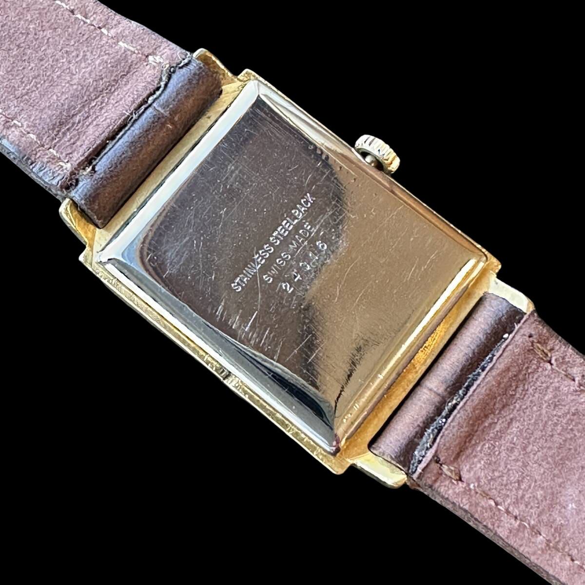 Tiffany & Co. Vintage Rectangular Gold-Plated Watch 1950s–60s Swiss Manual-Wind Roman Dial Brown Strap – Antique Tiffany Timepiece