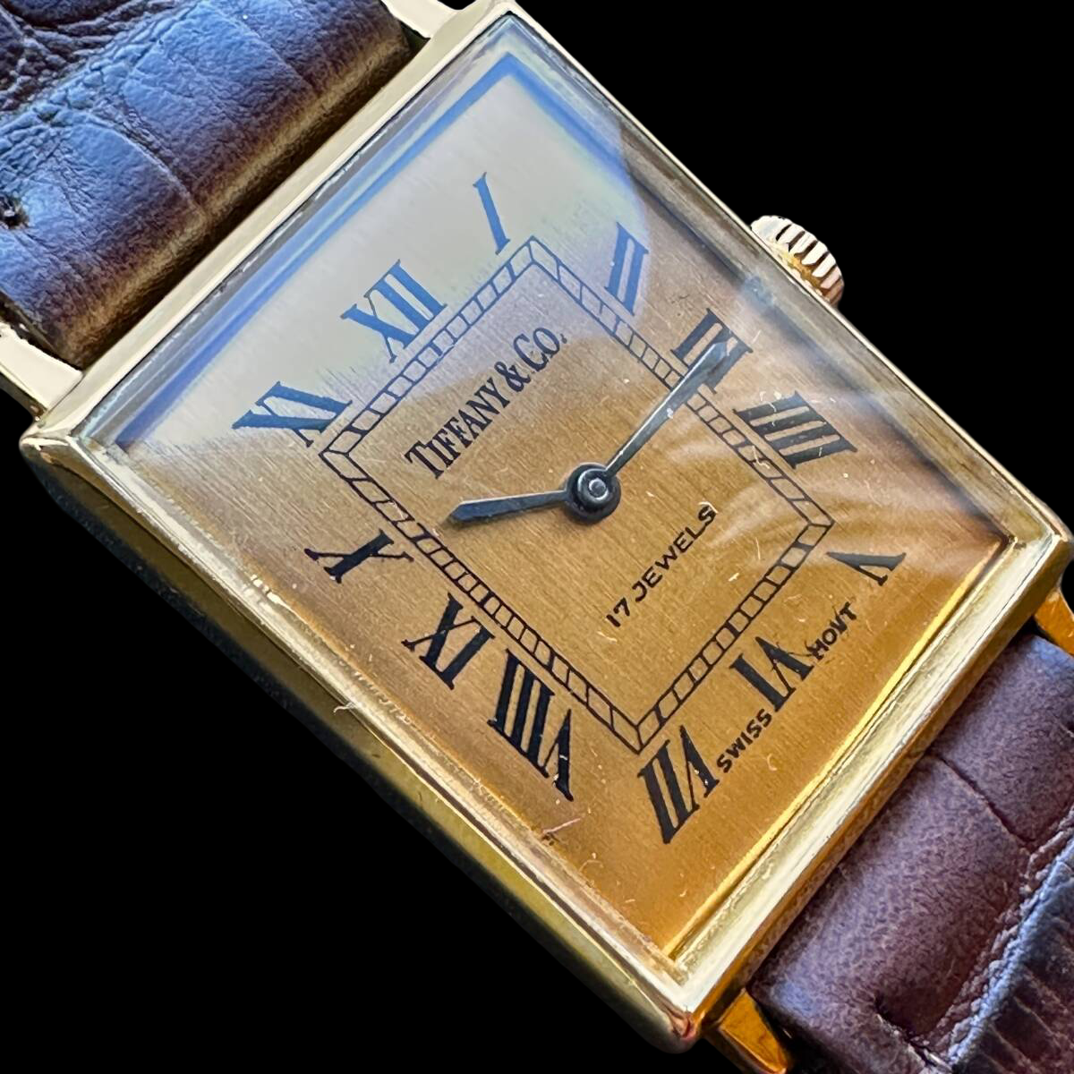 Tiffany & Co. Vintage Rectangular Gold-Plated Watch 1950s–60s Swiss Manual-Wind Roman Dial Brown Strap – Antique Tiffany Timepiece