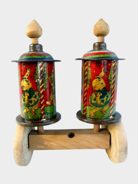 Pre-War Japanese Kewpie Tin Push Toy Double Roller Cylinders Wood Base Rare