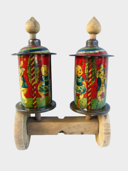 Pre-War Japanese Kewpie Tin Push Toy Double Roller Cylinders Wood Base Rare