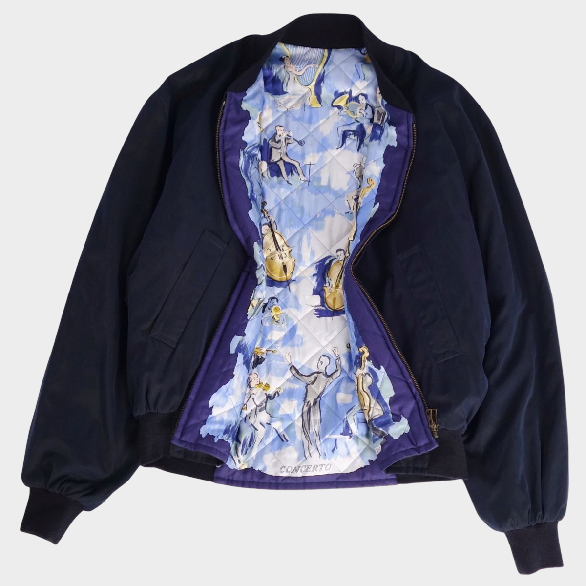 Vintage Hermes CONCERTO Reversible Silk Blouson Jacket Blue Musical Instrument Print Size 52 Archival