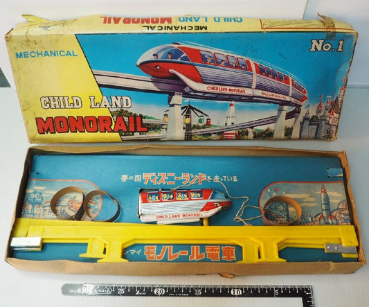 Vintage 1950s Japanese Tin Child Land Monorail Mechanical Train with Box