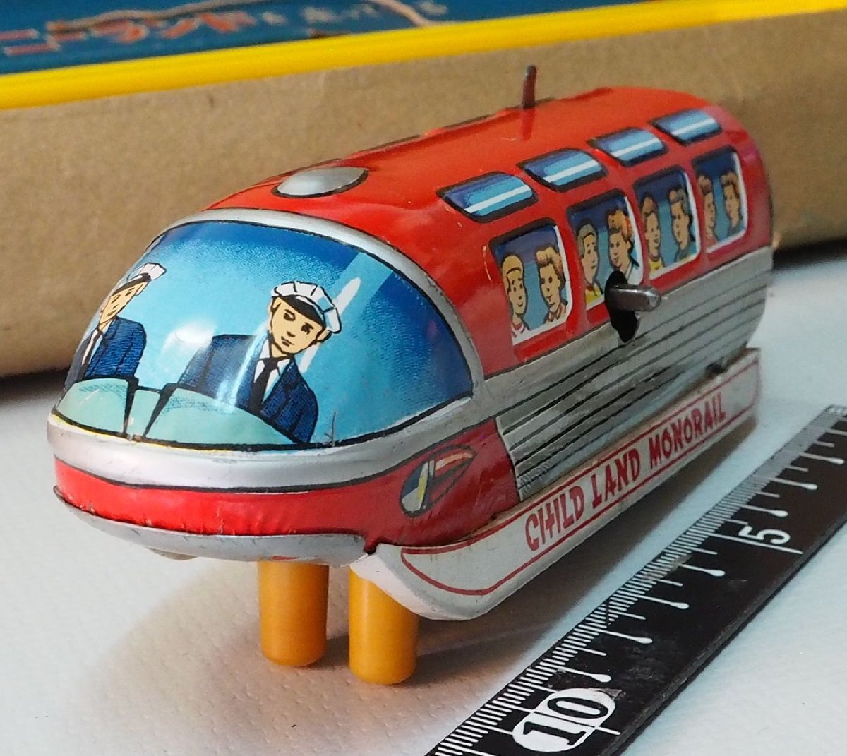 Vintage 1950s Japanese Tin Child Land Monorail Mechanical Train with Box