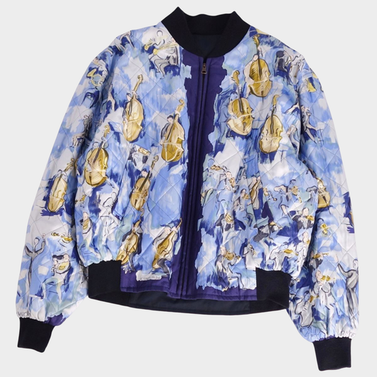 Vintage Hermes CONCERTO Reversible Silk Blouson Jacket Blue Musical Instrument Print Size 52 Archival