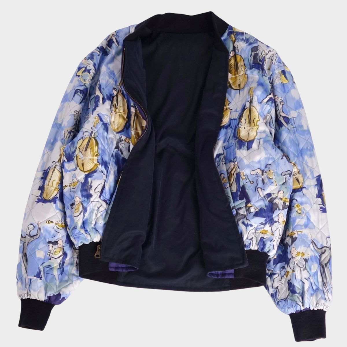 Vintage Hermes CONCERTO Reversible Silk Blouson Jacket Blue Musical Instrument Print Size 52 Archival