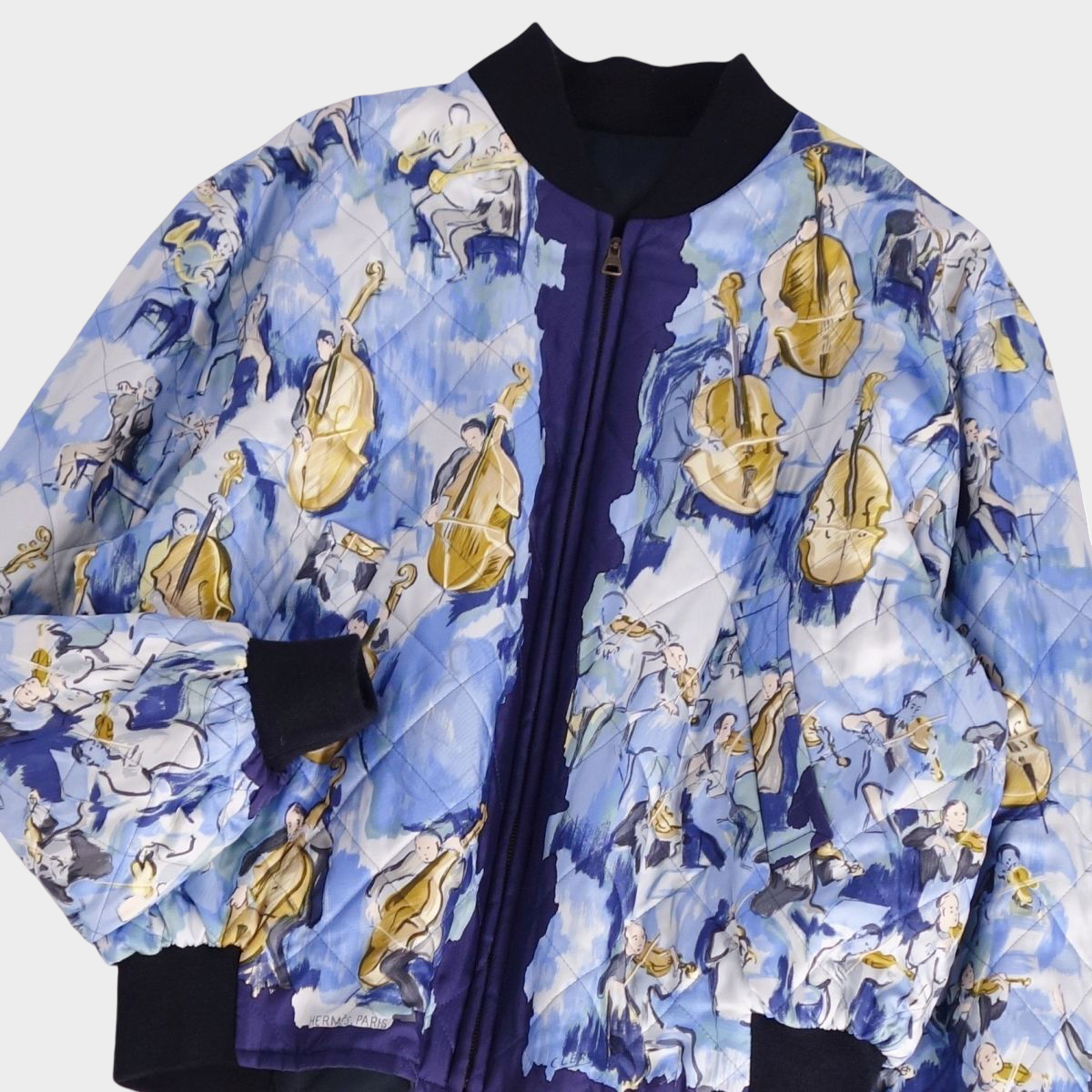 Vintage Hermes CONCERTO Reversible Silk Blouson Jacket Blue Musical Instrument Print Size 52 Archival