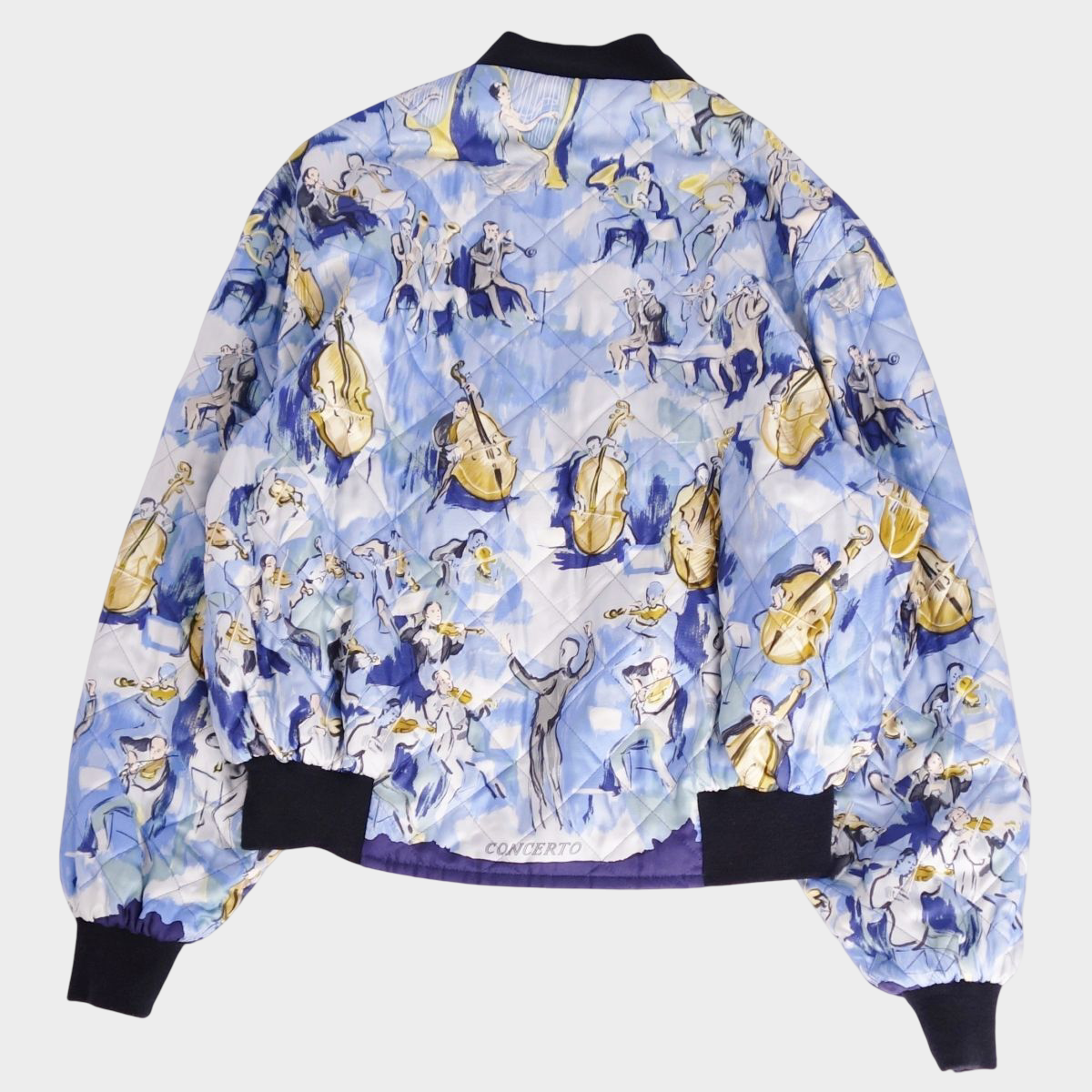 Vintage Hermes CONCERTO Reversible Silk Blouson Jacket Blue Musical Instrument Print Size 52 Archival