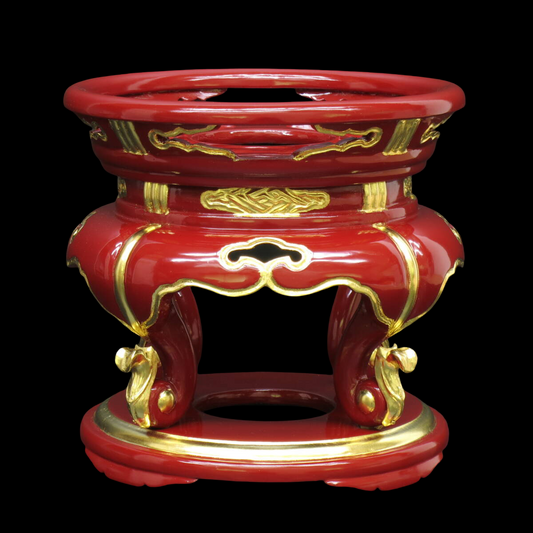 Vermilion Lacquer Keisu dai / Rin dai (6 Sun) — Round Buddhist Offering Stand with Gold Accents — Unused