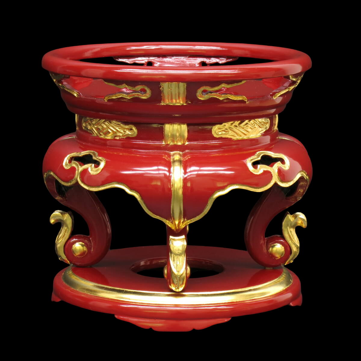 Vermilion Lacquer Keisu dai / Rin dai (6 Sun) — Round Buddhist Offering Stand with Gold Accents — Unused