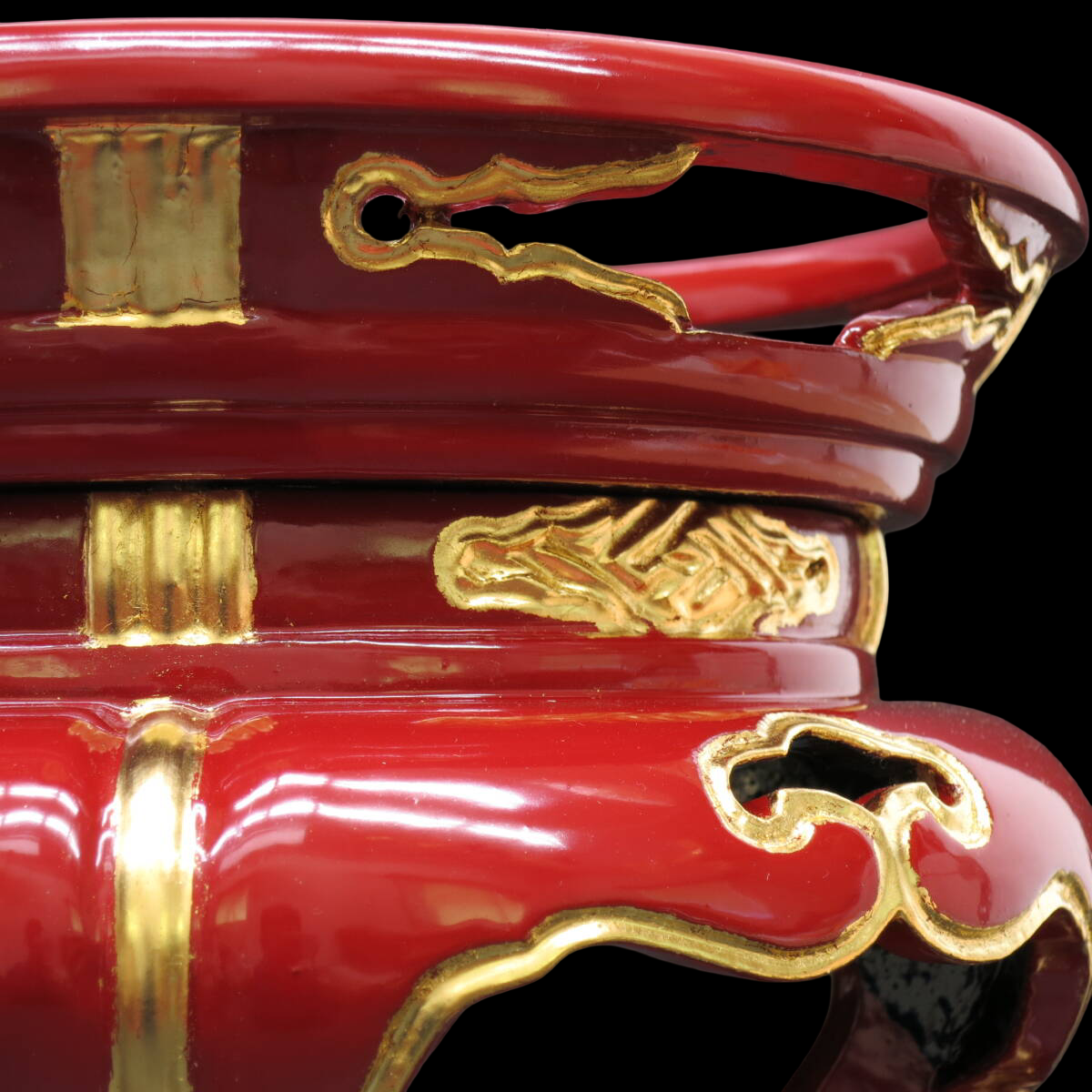 Vermilion Lacquer Keisu dai / Rin dai (6 Sun) — Round Buddhist Offering Stand with Gold Accents — Unused
