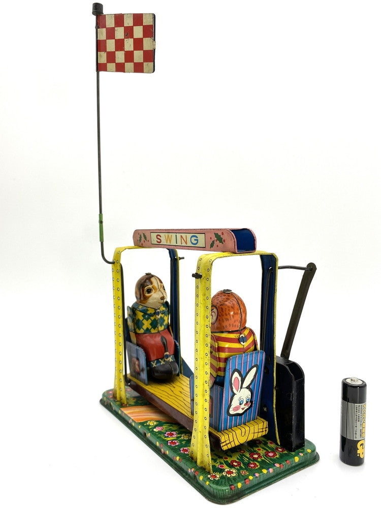 Vintage 1950s Japanese Tin Playful Animal Swing Mechanical Toy Boxed