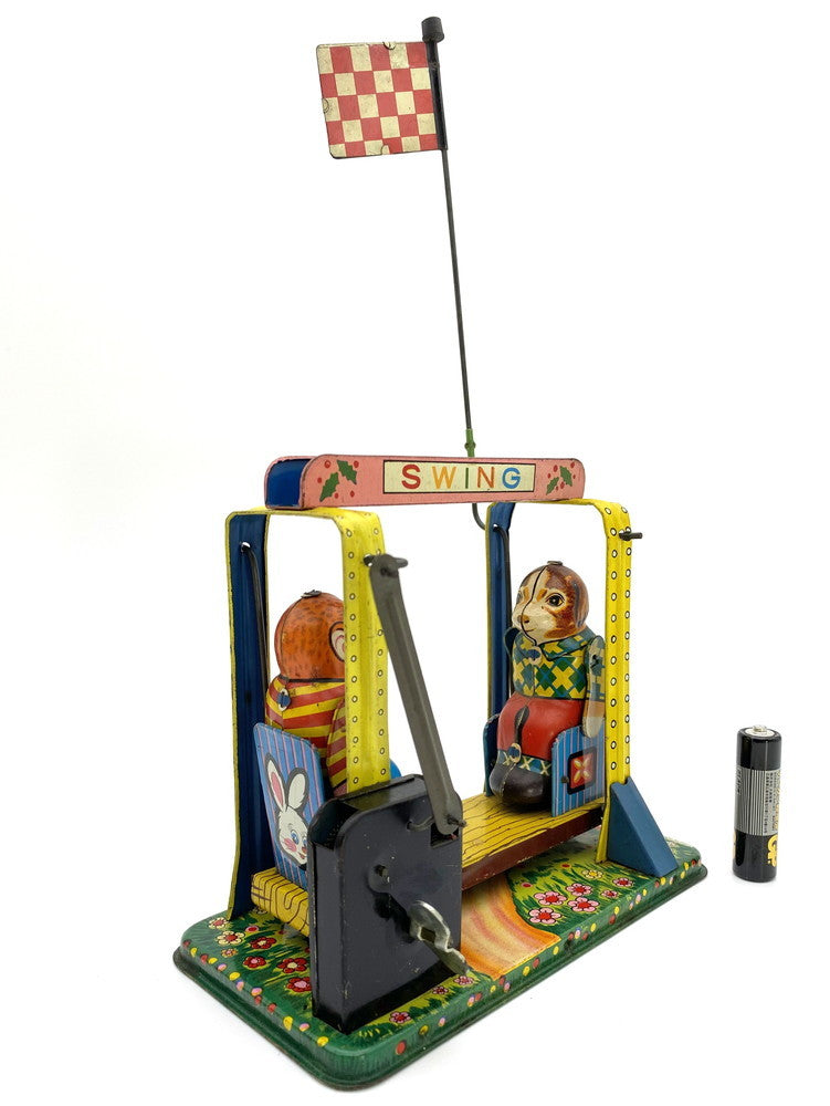 Vintage 1950s Japanese Tin Playful Animal Swing Mechanical Toy Boxed