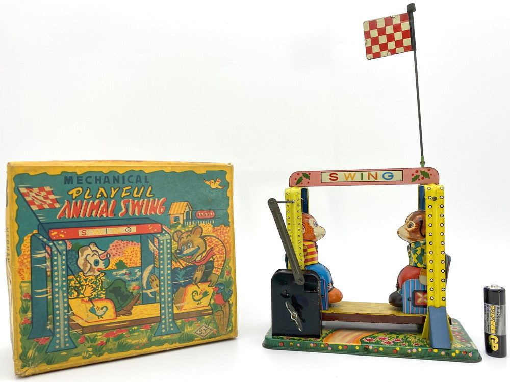 Vintage 1950s Japanese Tin Playful Animal Swing Mechanical Toy Boxed