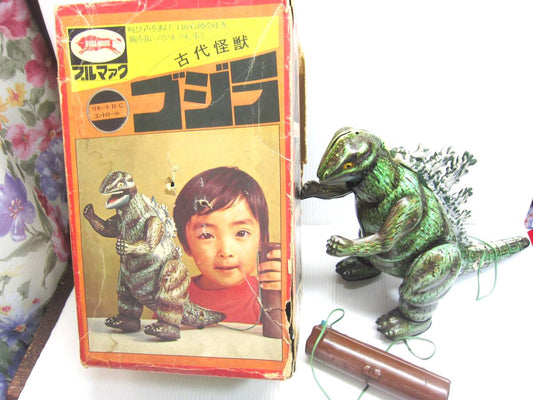 Vintage Bullmark Godzilla Tinplate Remote Control Walking Toy · Original Box · Smoke & Light Action · 1970s Japan