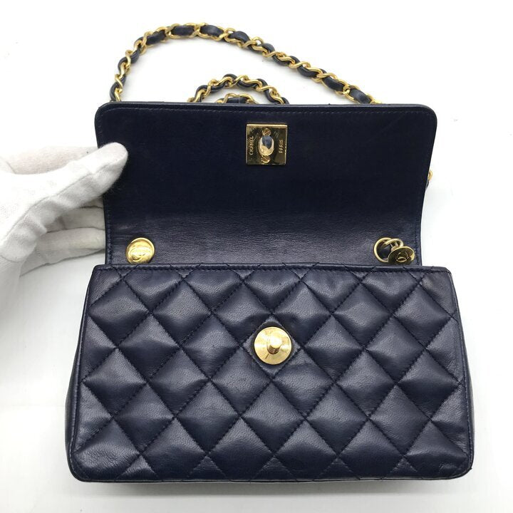 Vintage Chanel Mini Matelasse Navy Lambskin Gold Chain Shoulder Bag 18cm