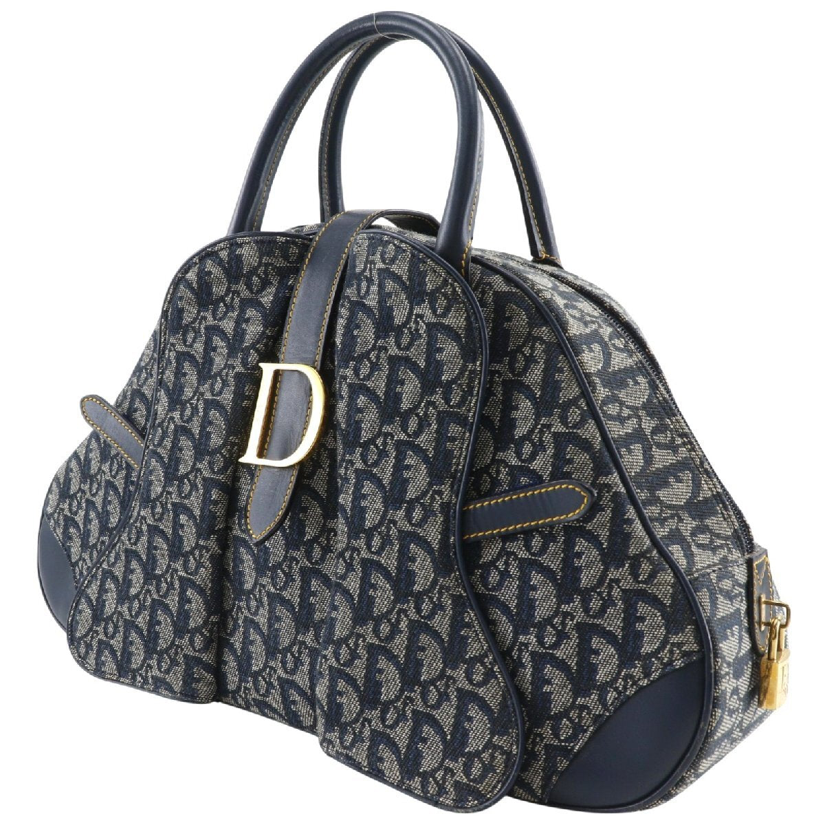 Vintage Christian Dior Trotter Double Saddle Bag Navy Oblique Canvas 40cm