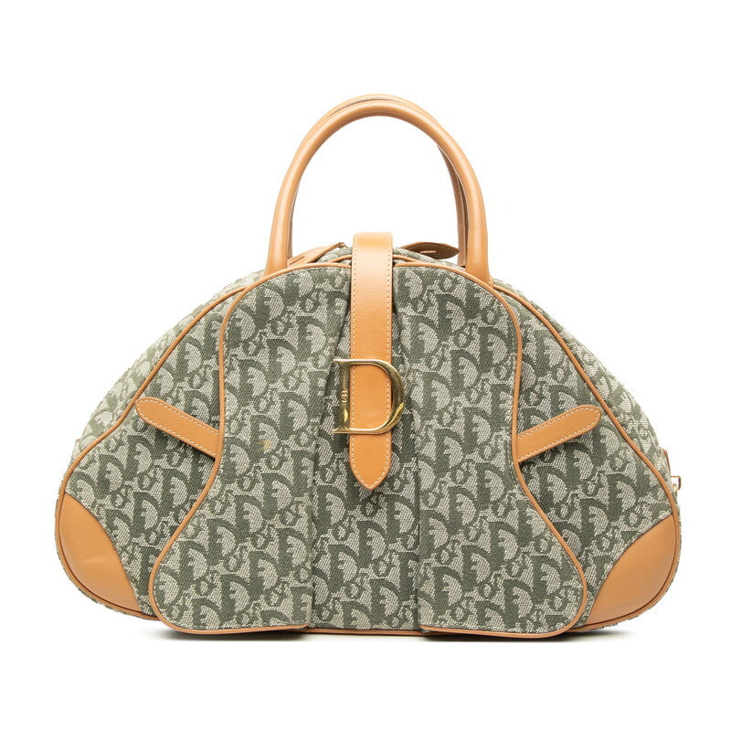 Vintage Dior Trotter Double Saddle Bag Green Beige Canvas Leather 40cm