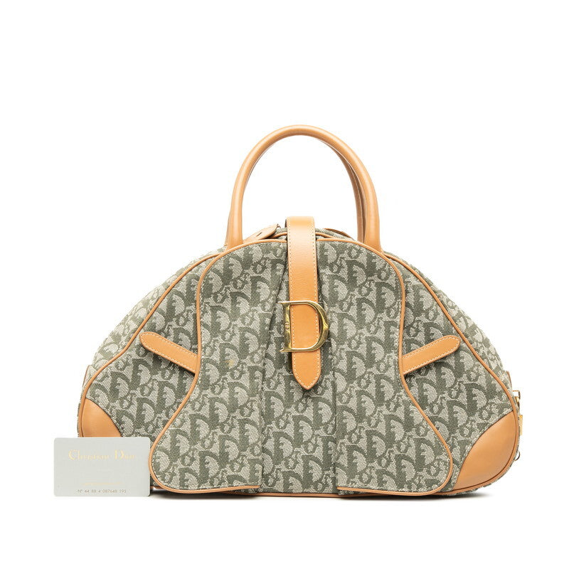Vintage Dior Trotter Double Saddle Bag Green Beige Canvas Leather 40cm