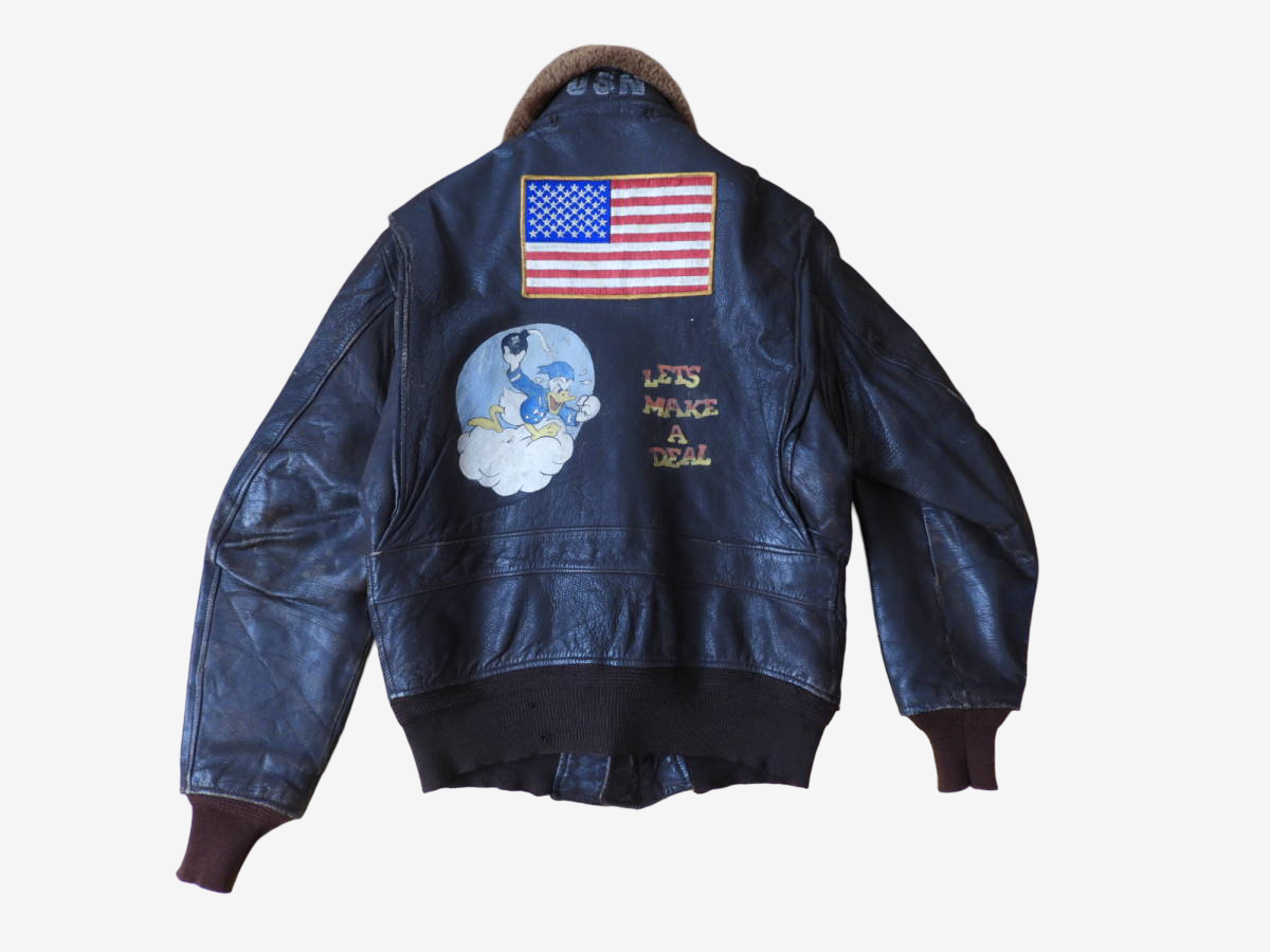 Vintage G-1 Flight Jacket Foster Sportswear Back Painted US Navy Leather Jacket Flag Patch