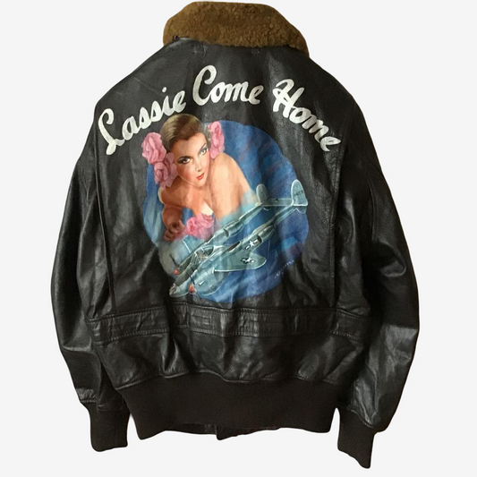 Vintage G-1 Flight Jacket TALON Zipper Size 38 Navy Leather Jacket Pinup Nose Art Lassie Come Home