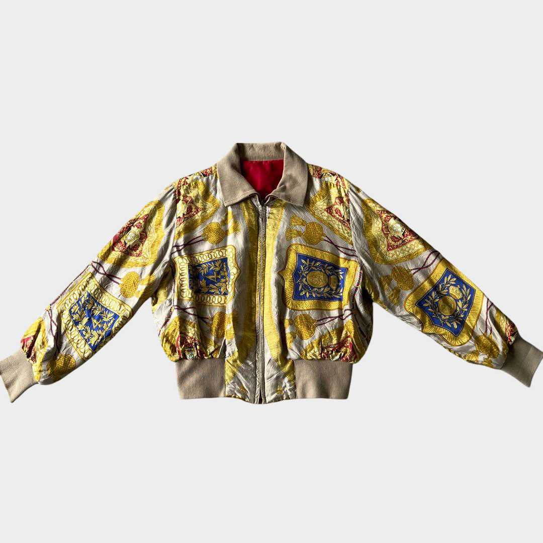 Vintage Hermès 80s Reversible Silk Bomber Jacket Gold Equestrian Medallion Print