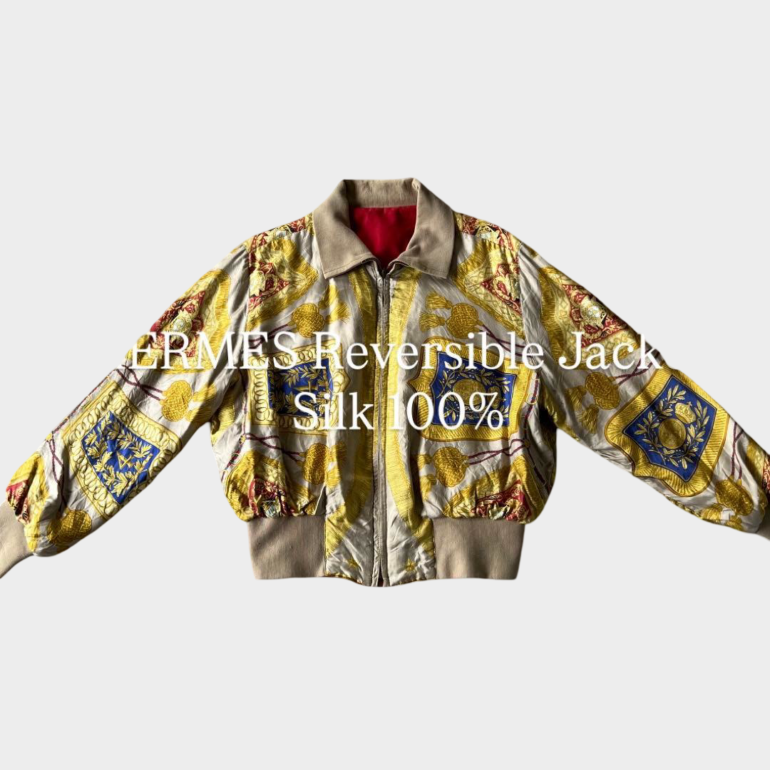 Vintage Hermès 80s Reversible Silk Bomber Jacket Gold Equestrian Medallion Print