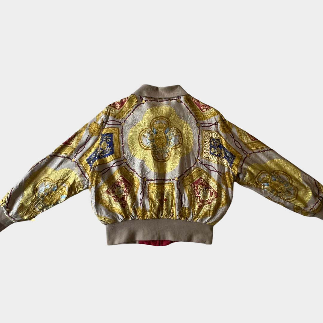 Vintage Hermès 80s Reversible Silk Bomber Jacket Gold Equestrian Medallion Print